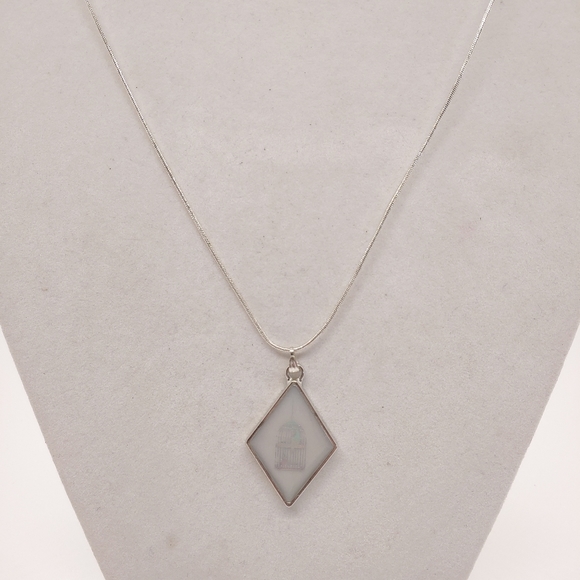 Hand Crafted Jewelry - Necklace Silver w/ Iridescent Bird Cage